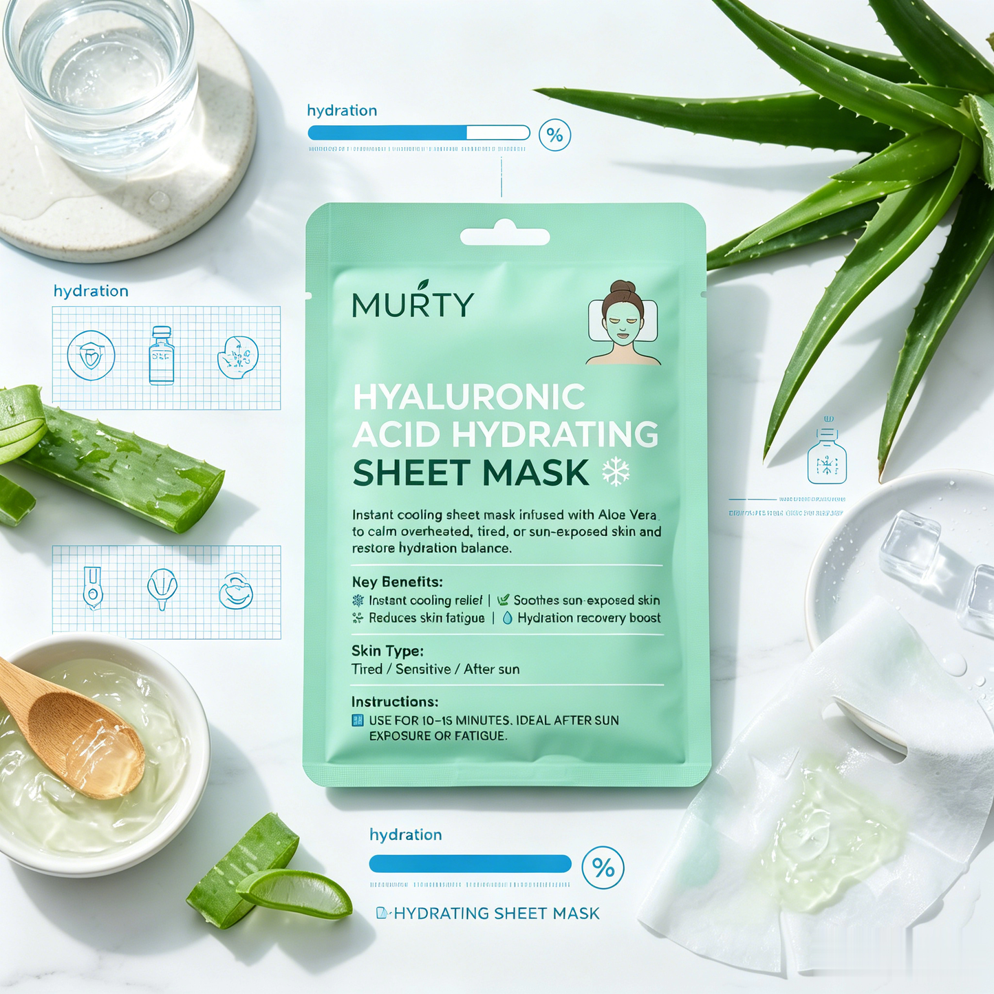 MURTY Aloe Vera & Hyaluronic Acid Sheet Mask | Moisture Boost & Fresh Skin Feel